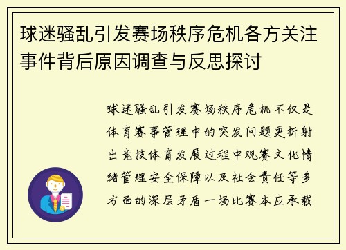 球迷骚乱引发赛场秩序危机各方关注事件背后原因调查与反思探讨
